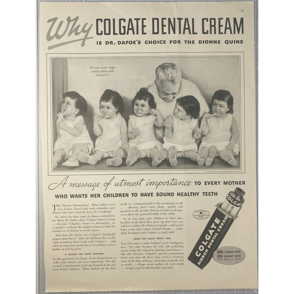 Colgate Ribbon Dental Cream "Choice of Dionne Quintuplets" Vintage Print Ad 1937